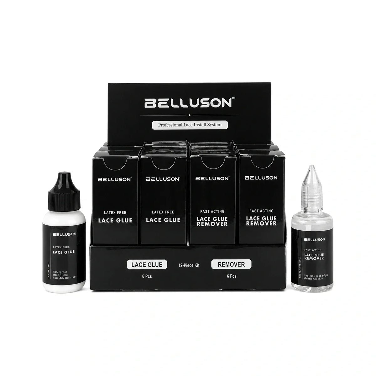 Custom Lace Install System 12-piece private-label display set with Belluson sample branding