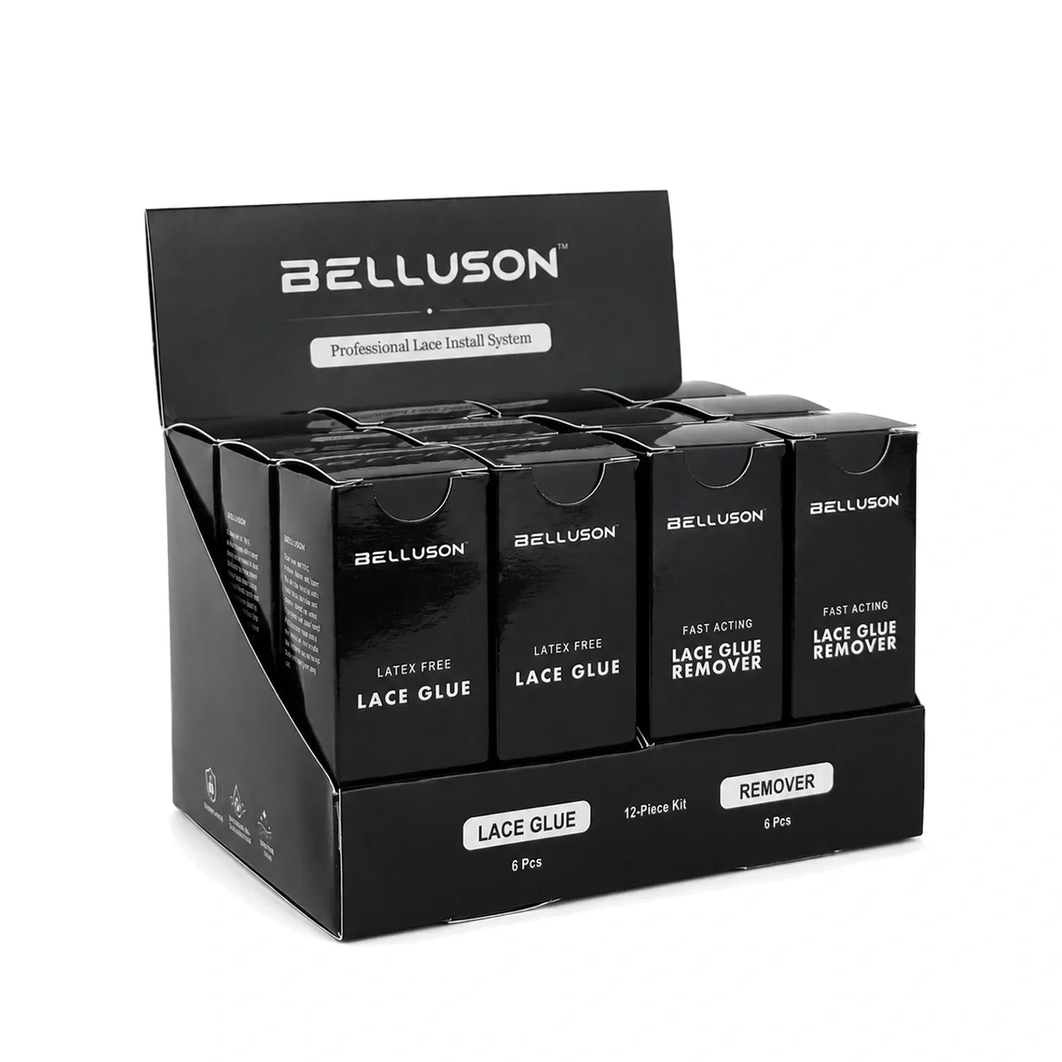 Angled view of custom Lace Glue and Remover display set with Belluson sample branding