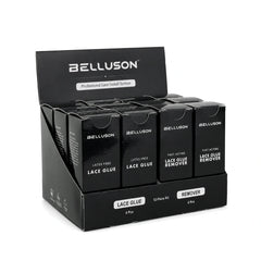 Angled view of custom Lace Glue and Remover display set with Belluson sample branding
