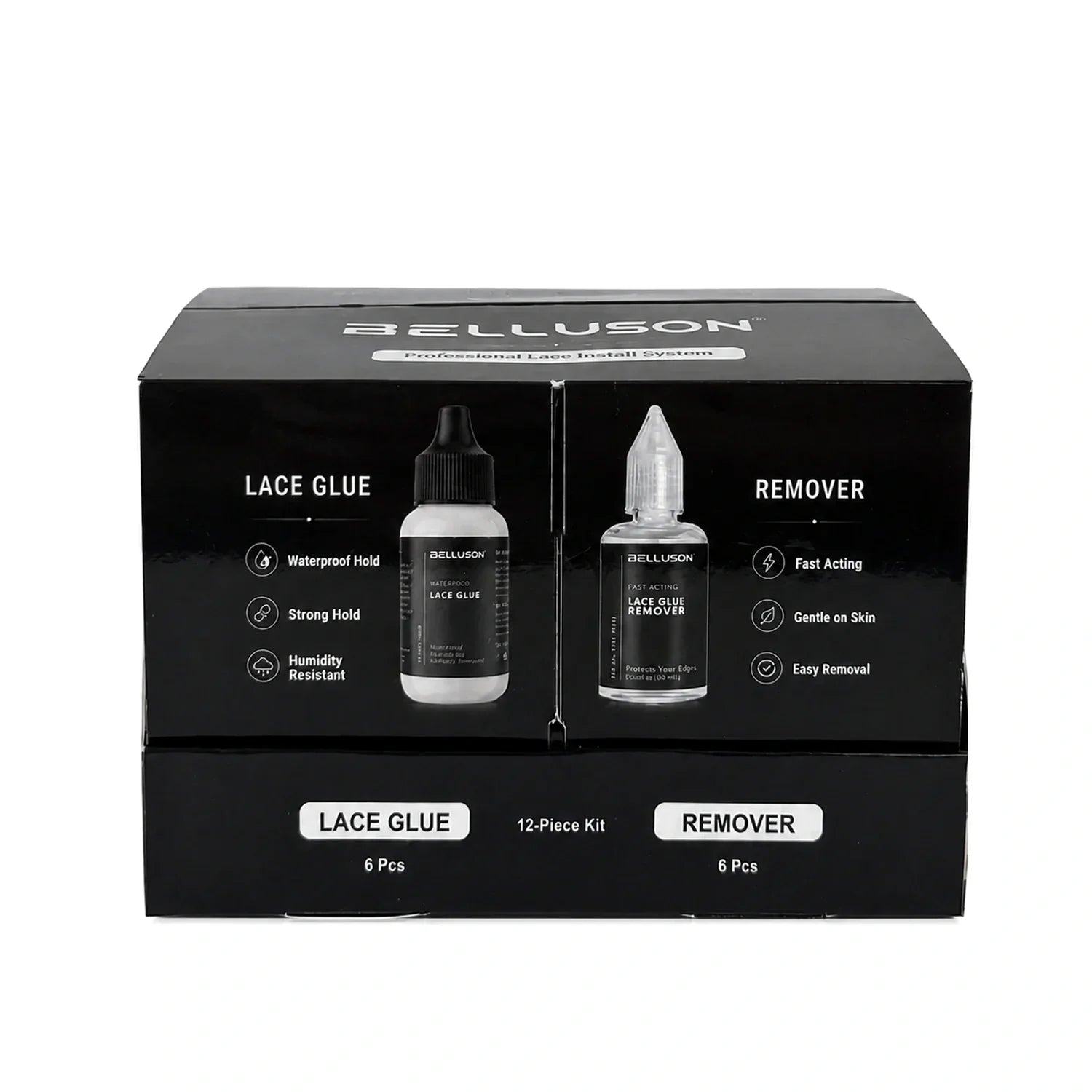 Front-closed view of retail-ready Lace Glue display packaging with Belluson sample branding
