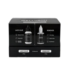 Front-closed view of retail-ready Lace Glue display packaging with Belluson sample branding