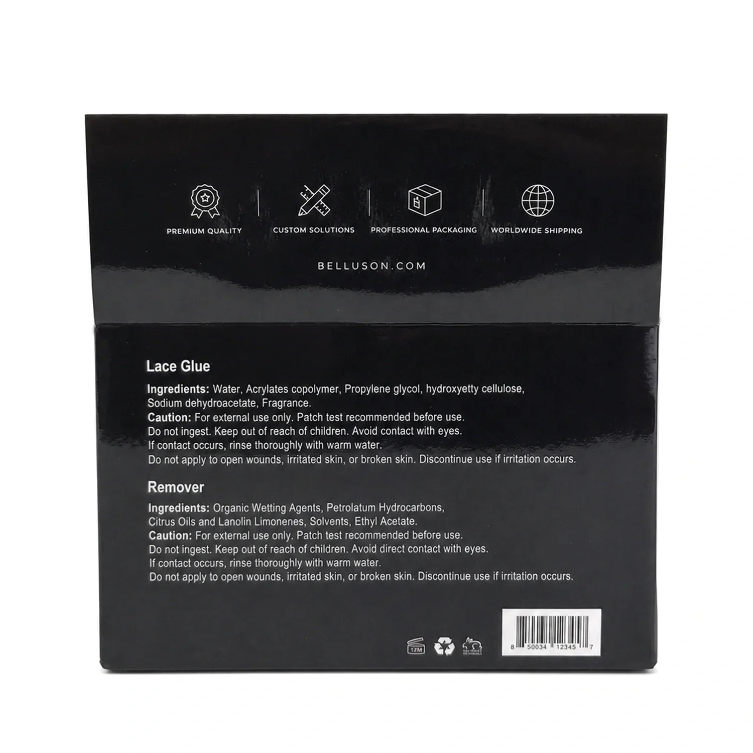 Open back view of the 12-piece custom Lace Glue and Remover display set with Belluson sample branding