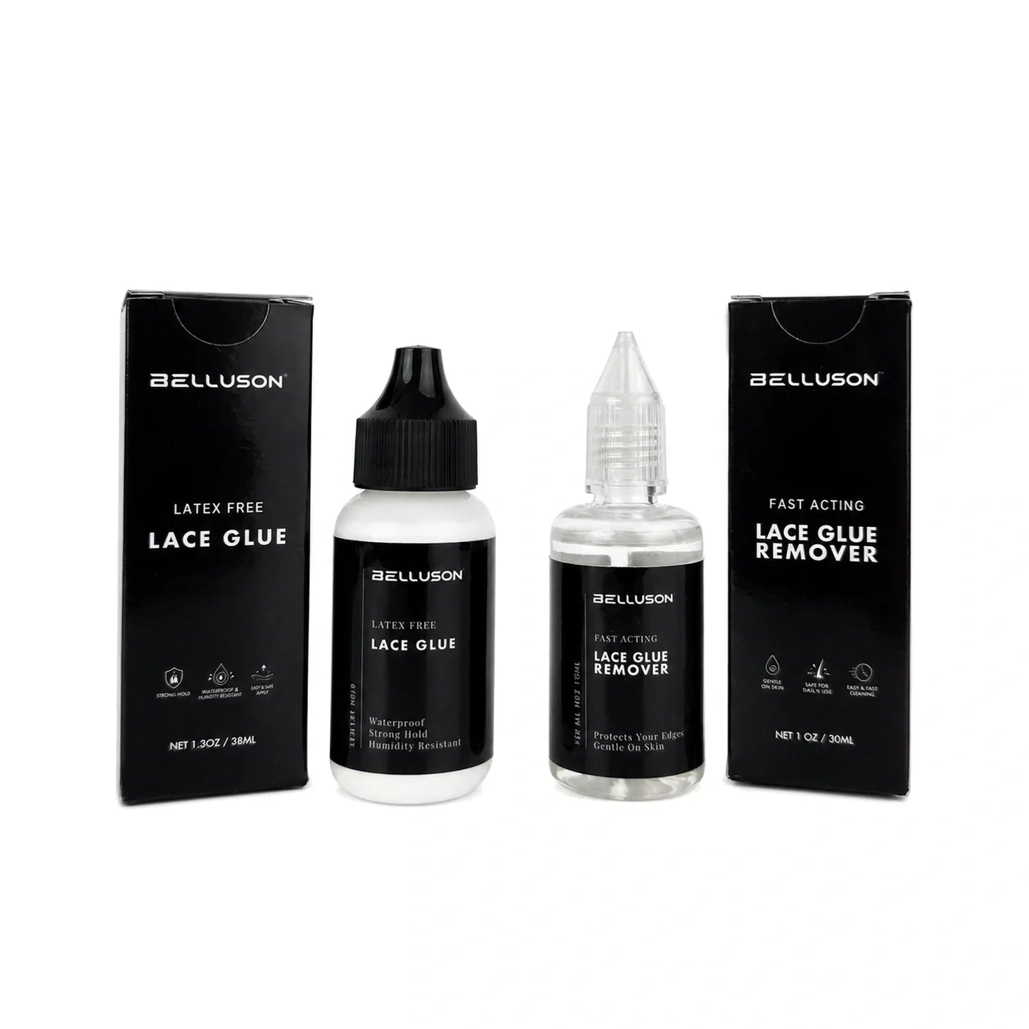Private-label Lace Glue retail packaging set with Belluson sample branding
