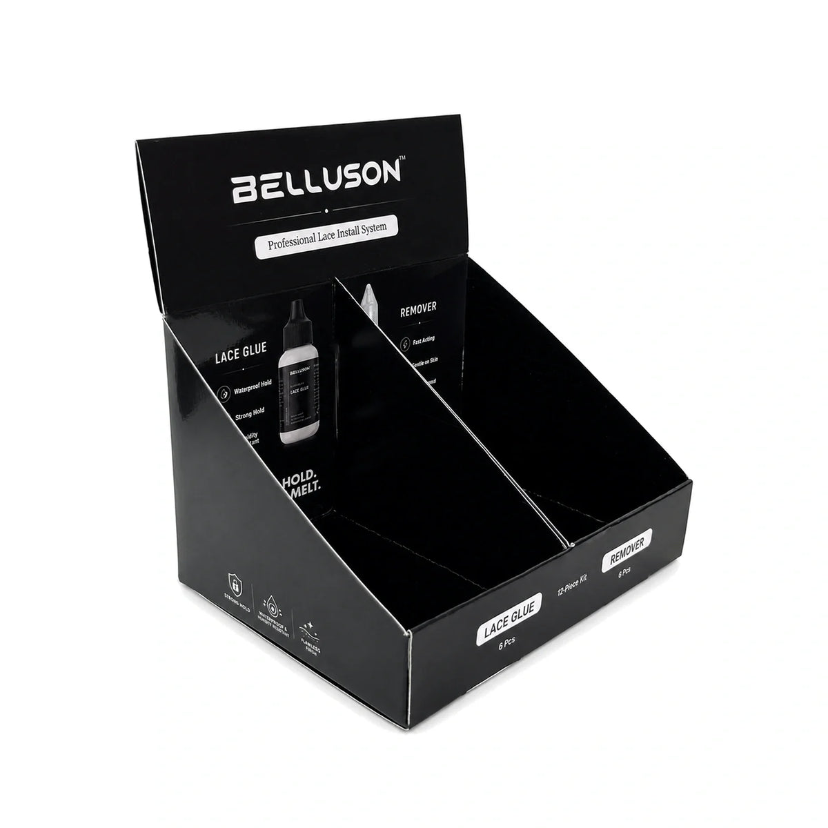 Custom countertop display box for the Lace Glue and Remover set with Belluson sample branding